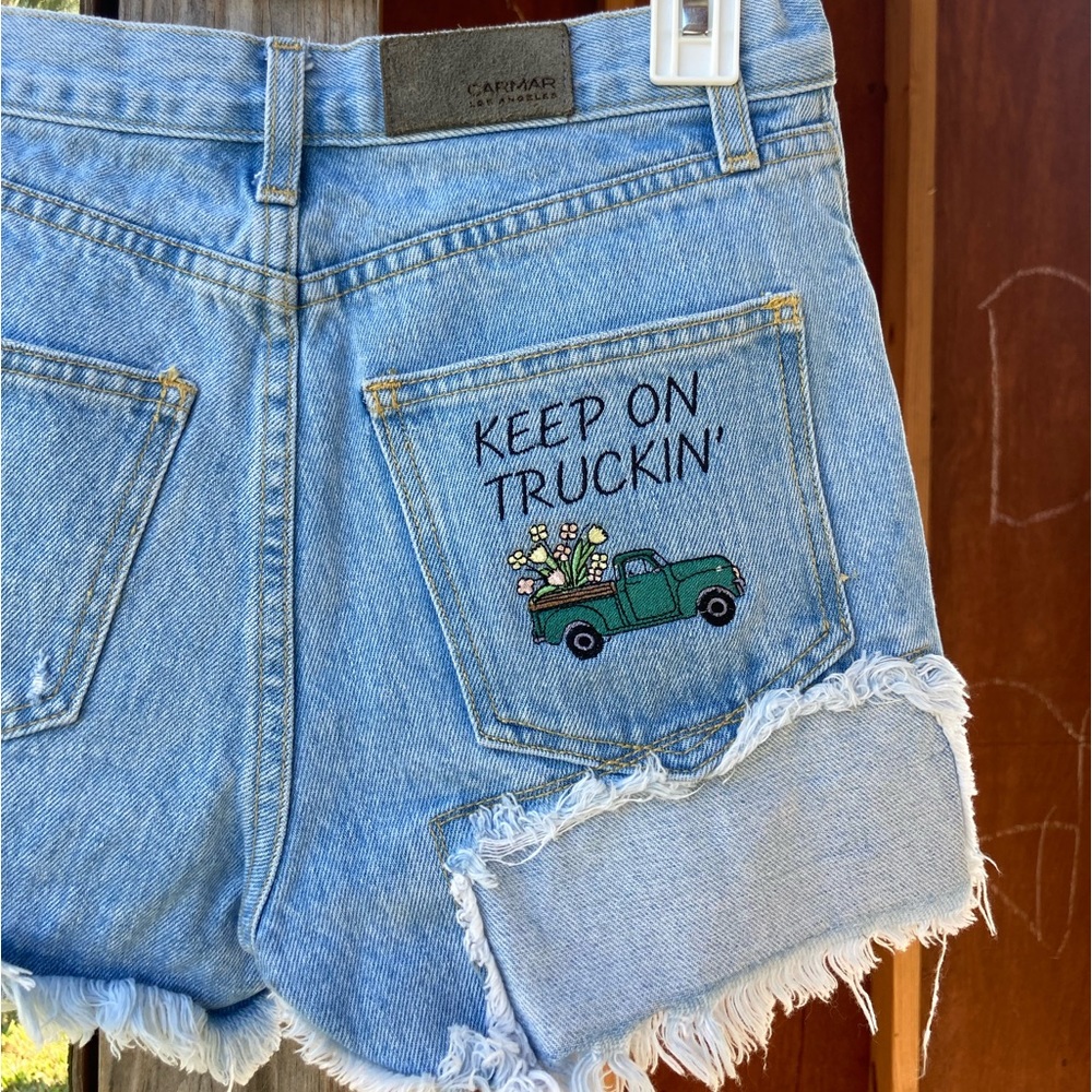 Embroidered LA Carmar Distressed Denim Shorts